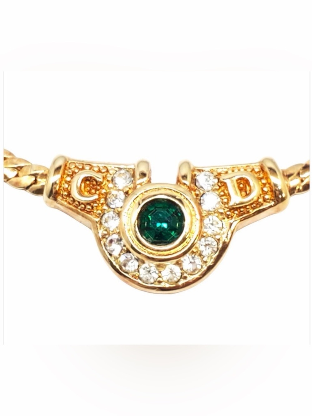 Christian DIOR Rhinestone Necklace Green Gold Plated Flat Herringbone Chain 17” - Picture 2 of 11